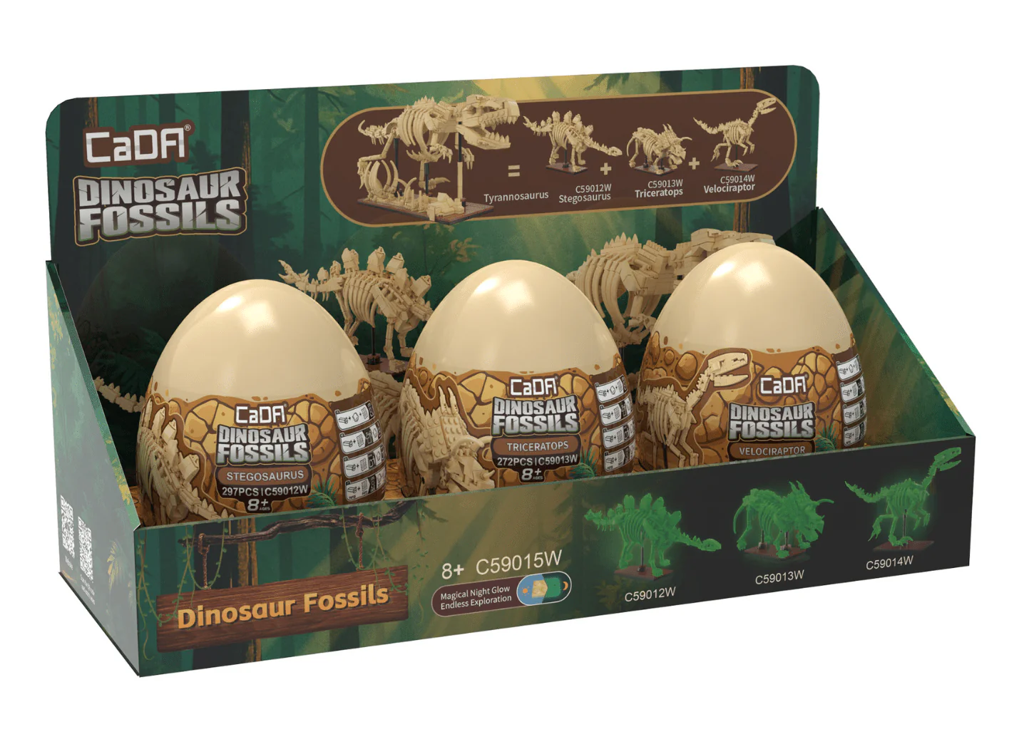 Tray of 3 Dinosaur Eggs with Stegosaurus, Triceratops & Velociraptor