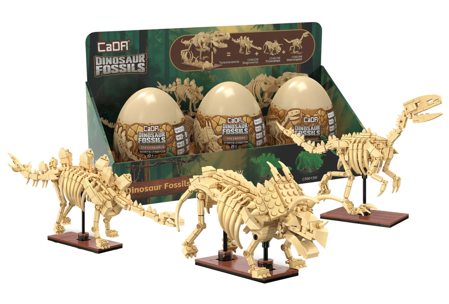 Tray of 3 Dinosaur Eggs with Stegosaurus, Triceratops & Velociraptor - Image 2